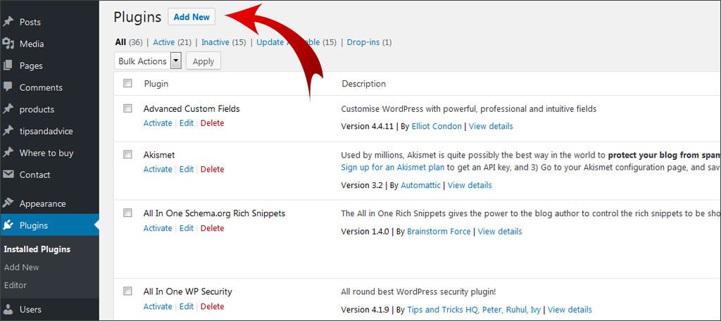 Navigate to Plugins and click Add New