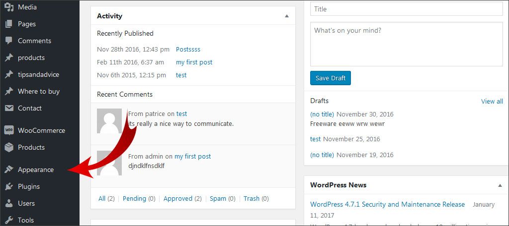 Go to Appearance in WordPress admin