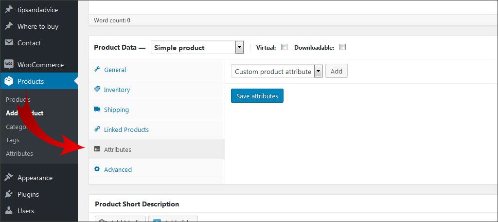 Set colors, sizes and specs in Attributes tab