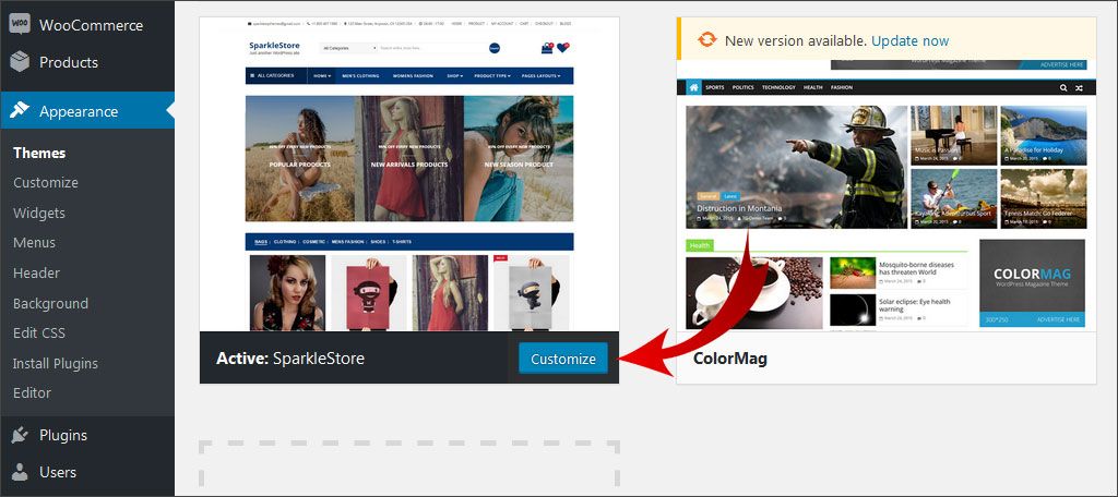 Activate theme and click Customize