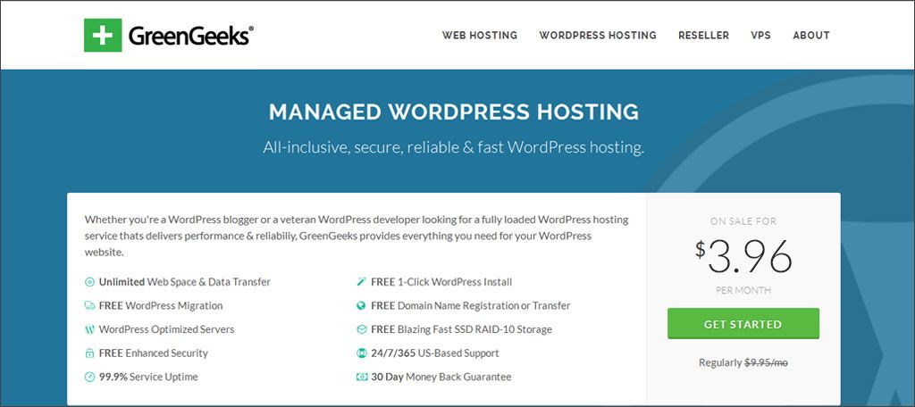Click Get Started on GreenGeeks WordPress Hosting