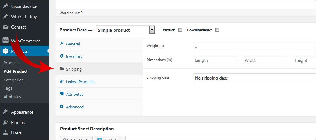 Enter weight and dimensions in Shipping tab