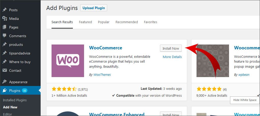 Search for WooCommerce and install it