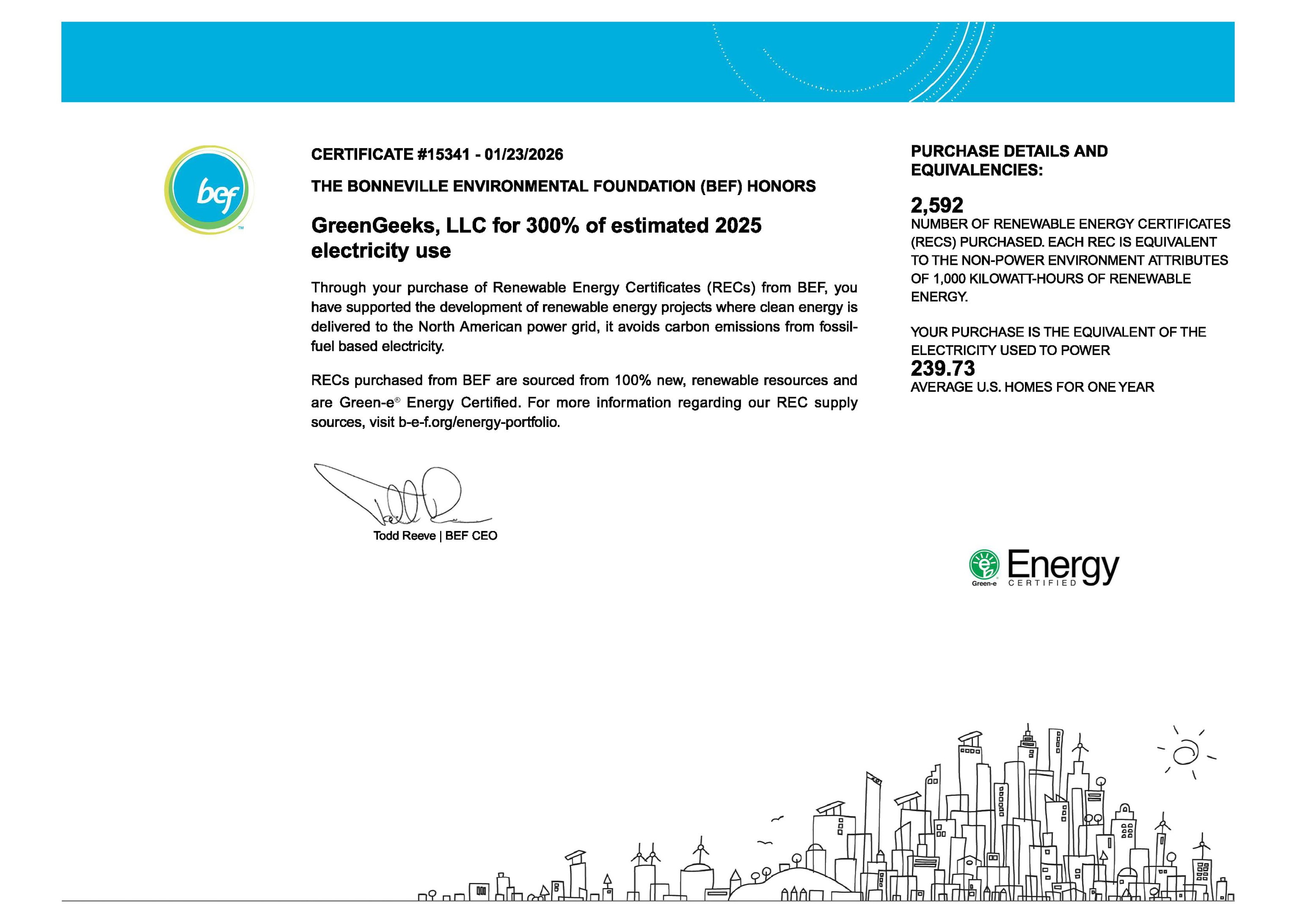 GreenGeeks Renewable Energy Certificate