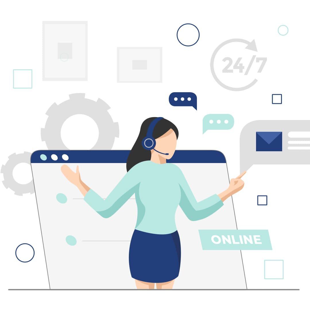 Illustration of a customer support representative with a headset, online chat, and email icons.