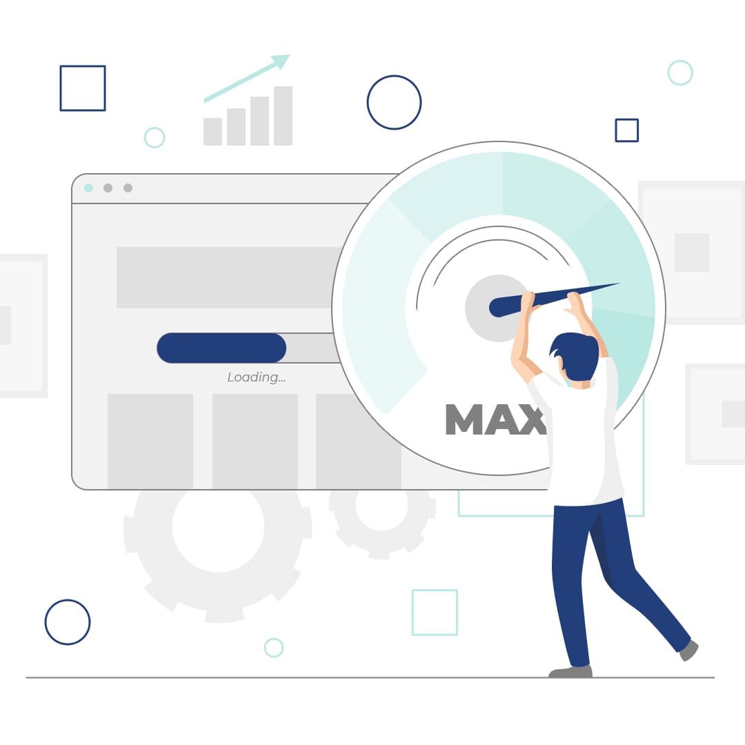 Illustration of a person optimizing system performance with a large speedometer and loading bar.