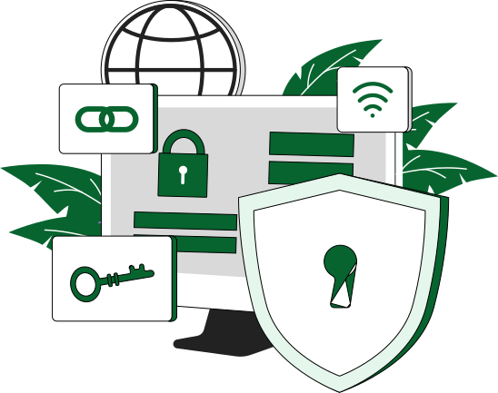 A computer screen with a lock, shield, and key icons, symbolizing online security and encryption.