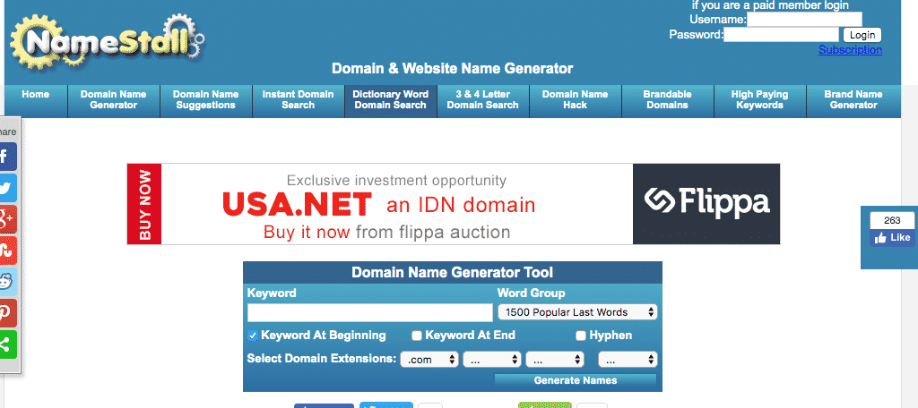 NameStall domain name generator tool