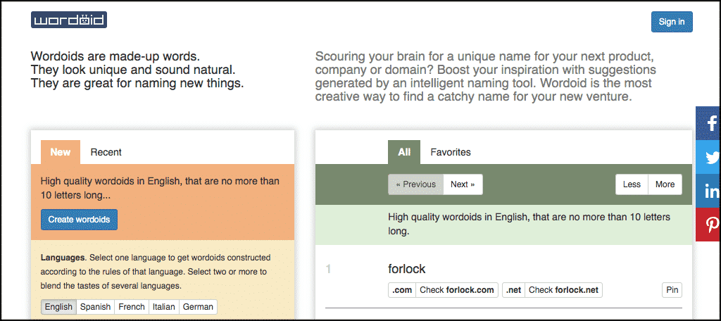 Wordoid domain name generator tool