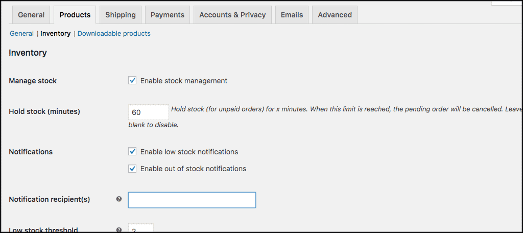 Inventory woocommerce products