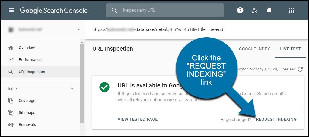 click the "REQUEST INDEXING" link