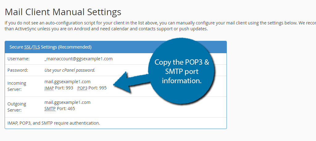 Copy the POP3 and SMTP Port Numbers