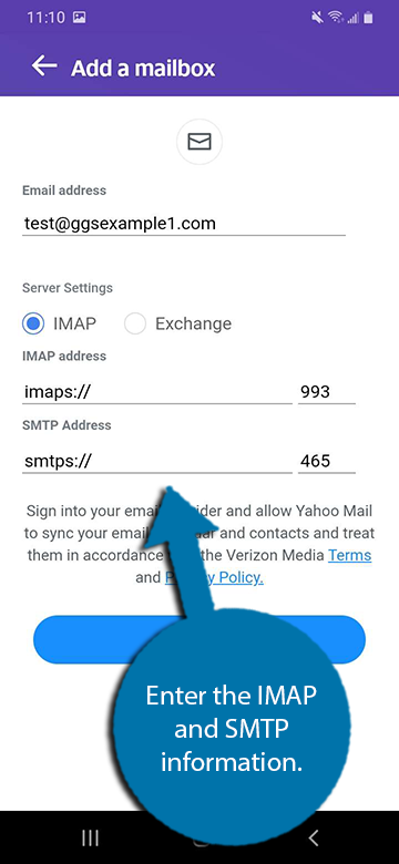 Enter your IMAP, POP3, and SMTP info into Yahoo