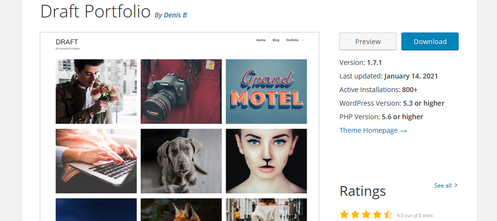 Draft Portfolio is one of the best themes for artists in WordPress