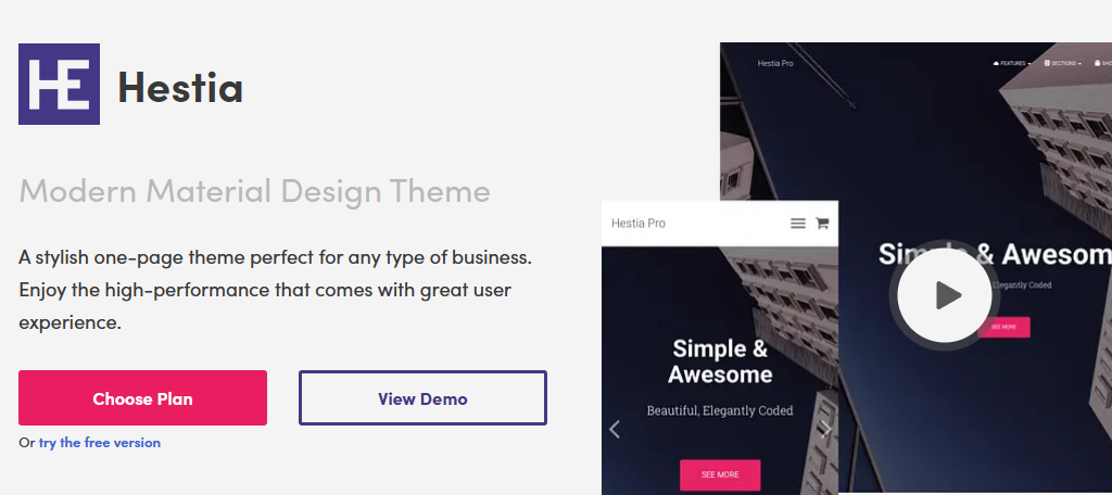 Hestia is the best video theme for WordPress