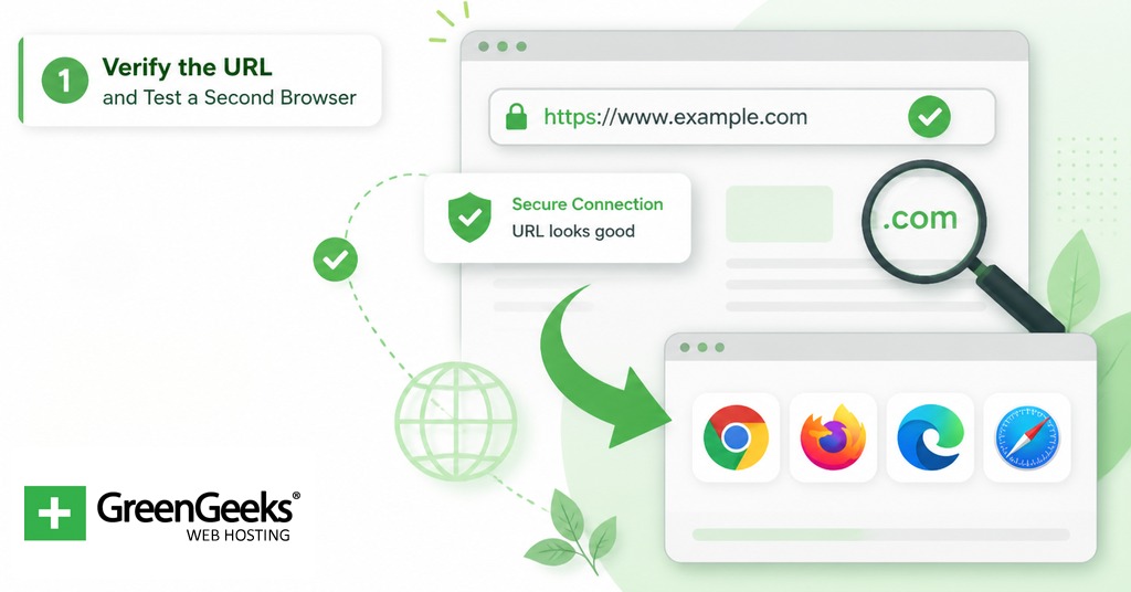 Verify the URL and test another browser to fix DNS_PROBE_FINISHED_NXDOMAIN