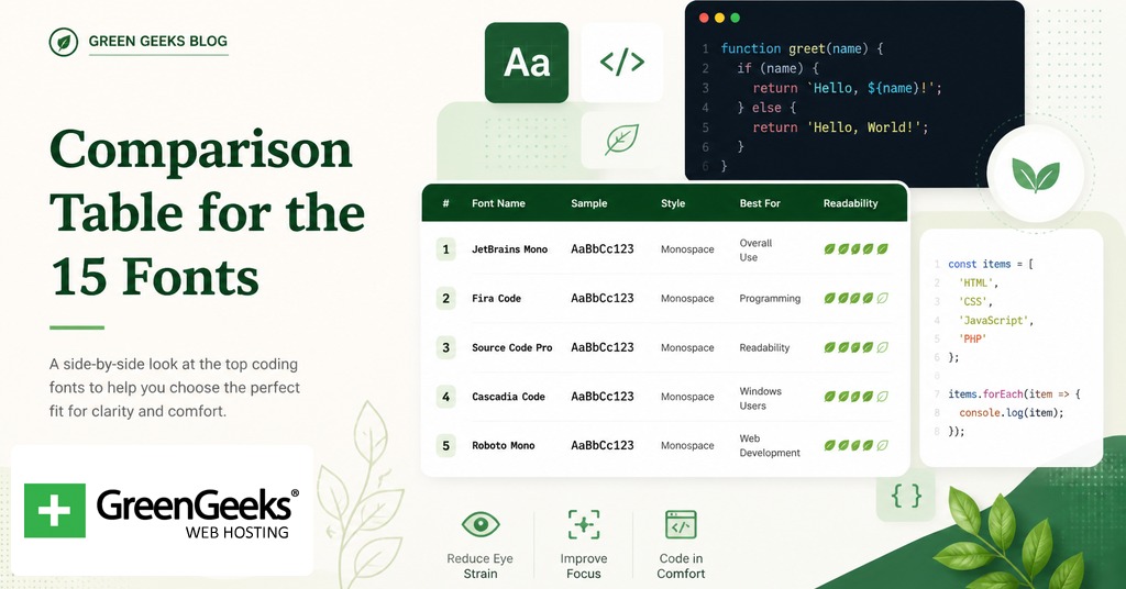 Comparison table for the 15 best coding fonts