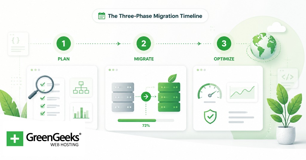 Three-phase website migration timeline showing planning cutover and monitoring