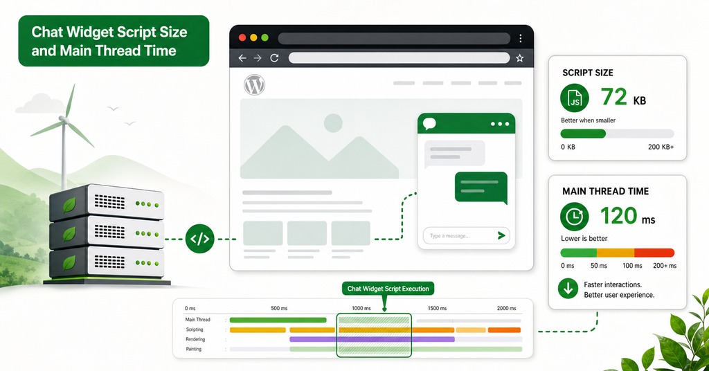 GreenGeeks illustration of chat widget script size and main thread time for ai chatbot for your website