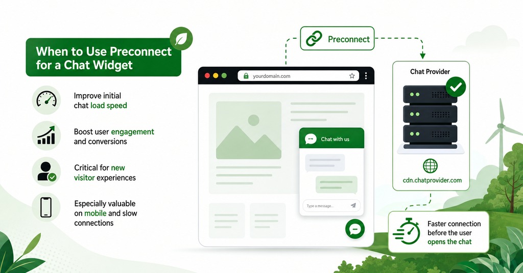 GreenGeeks illustration of when to use preconnect for a chat widget for ai chatbot for your website