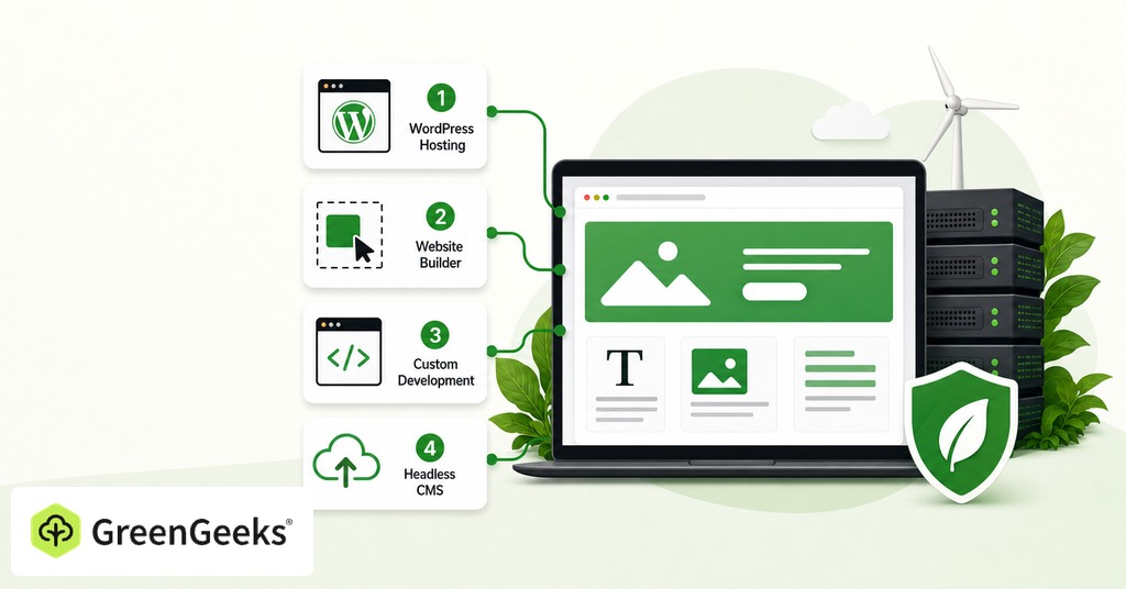 GreenGeeks illustration of four ways to build a website in 2026 for ai website builder vs hand coding