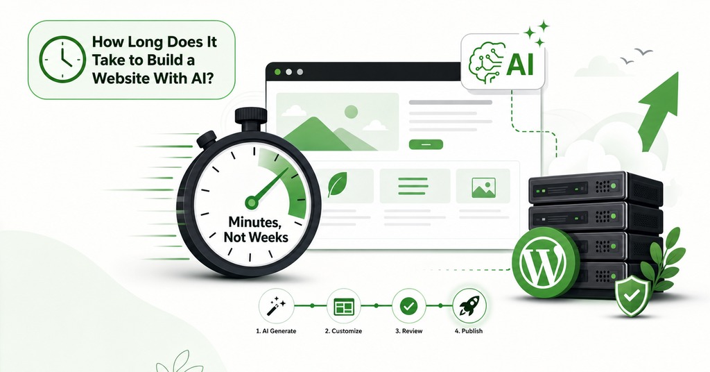 GreenGeeks illustration of how long does it take to build a website with ai? for ai website builder vs hand coding