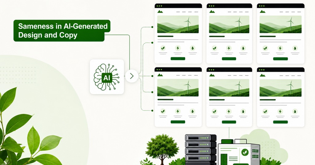 GreenGeeks illustration of sameness in ai-generated design and copy for ai website builder vs hand coding