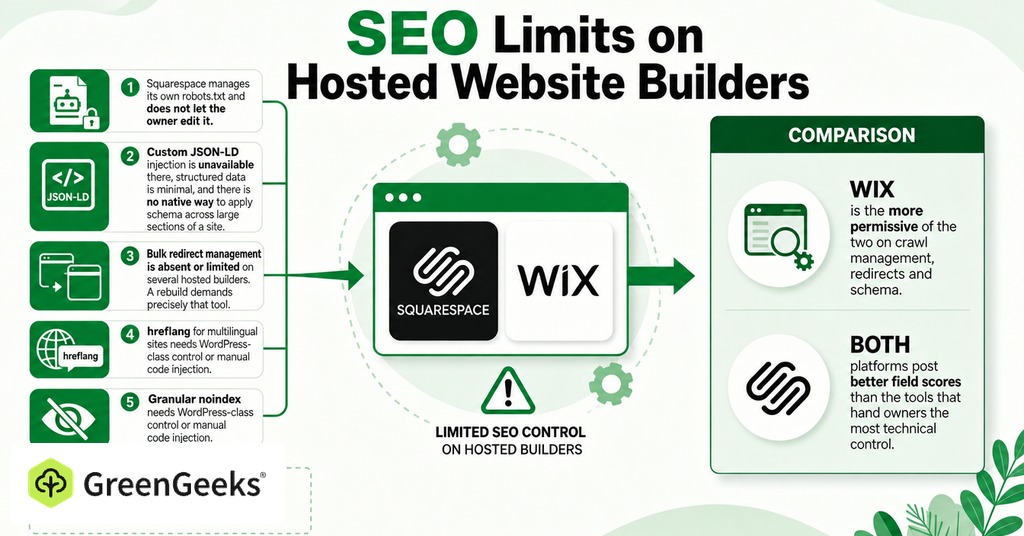 GreenGeeks infographic explaining seo limits on hosted website builders for ai website builder vs hand coding