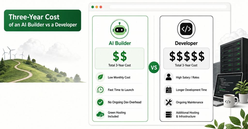 GreenGeeks illustration of three-year cost of an ai builder vs a developer for ai website builder vs hand coding