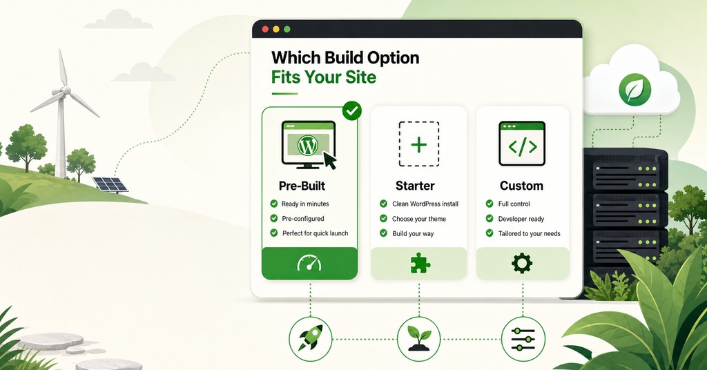 GreenGeeks illustration of which build option fits your site for ai website builder vs hand coding