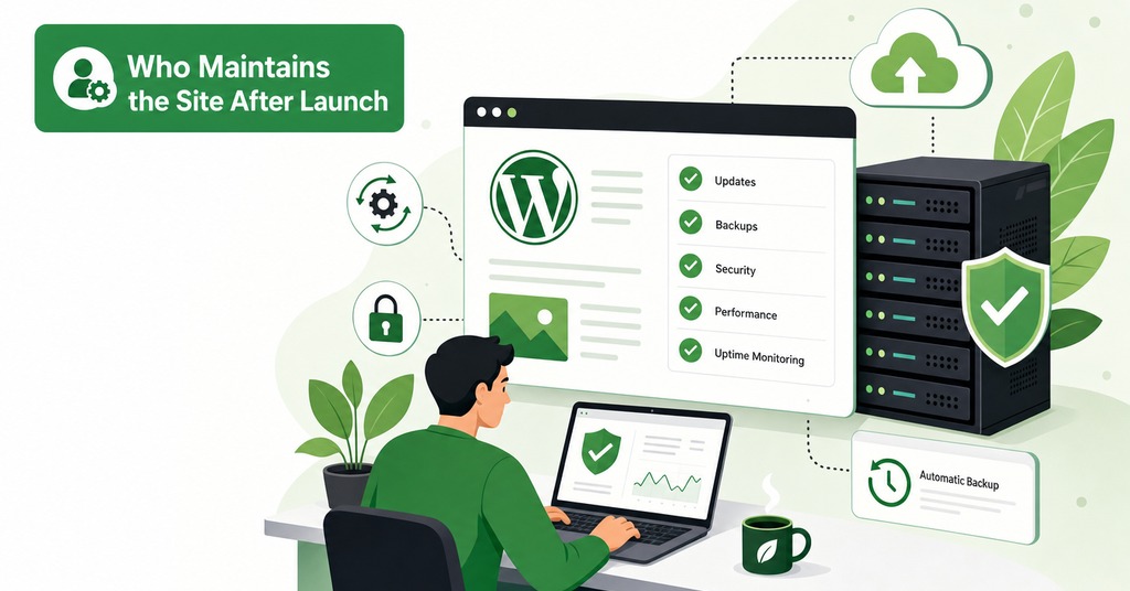 GreenGeeks illustration of who maintains the site after launch for ai website builder vs hand coding