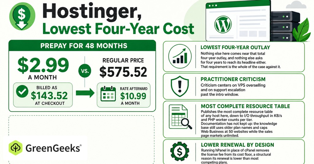 GreenGeeks infographic explaining hostinger, lowest four-year cost for best cheap web hosting