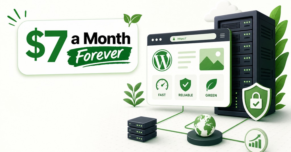 GreenGeeks illustration of interserver, $7 a month forever for best cheap web hosting
