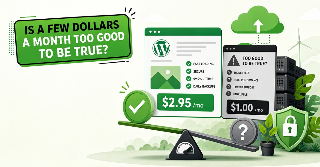 GreenGeeks illustration of is a few dollars a month too good to be true? for best cheap web hosting
