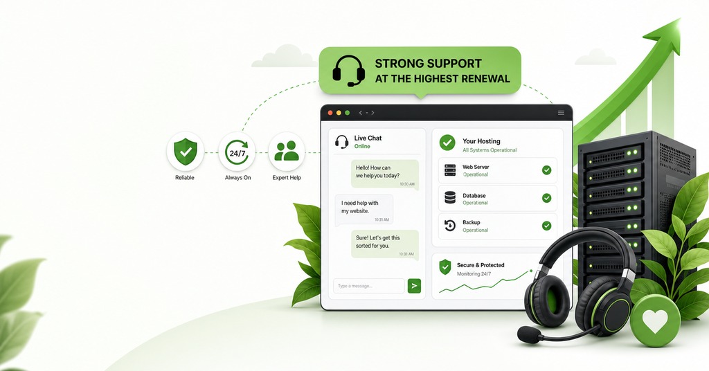 GreenGeeks illustration of siteground, strong support at the highest renewal for best cheap web hosting