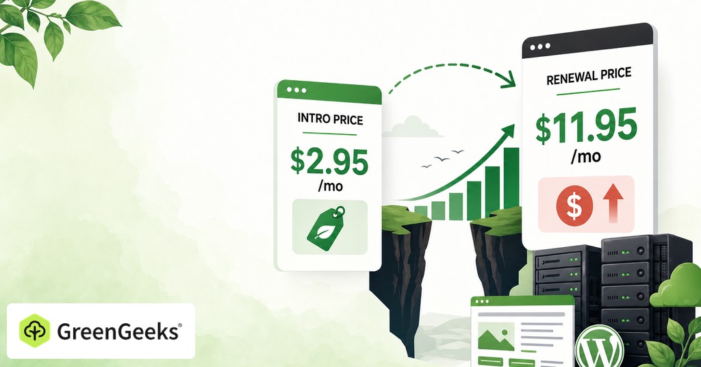 GreenGeeks illustration of the gap between intro price and renewal price for best cheap web hosting
