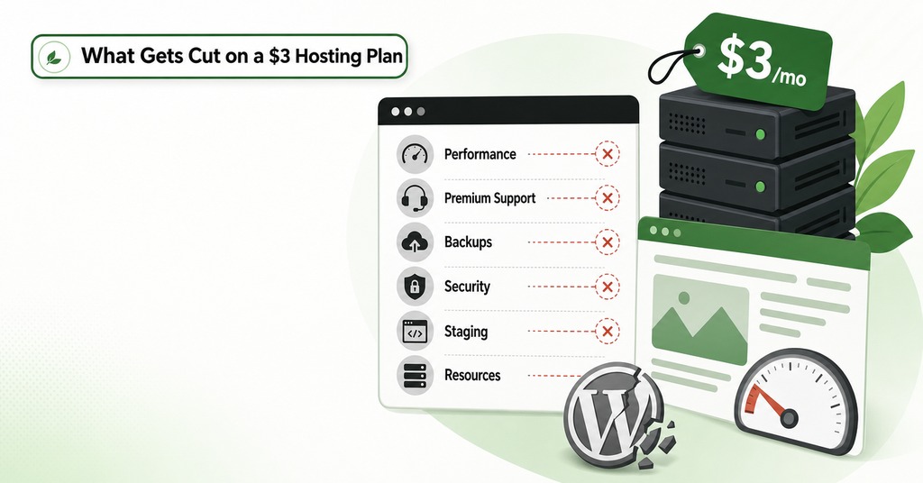 GreenGeeks illustration of what gets cut on a $3 hosting plan for best cheap web hosting