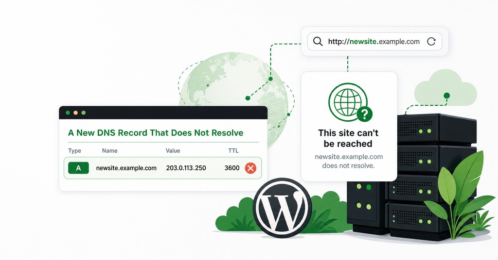 GreenGeeks illustration of a new dns record that does not resolve for what is dns & why record changes take time to update