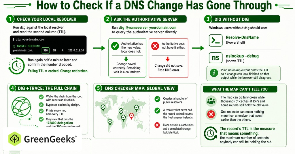 GreenGeeks infographic explaining how to check if a dns change has gone through for what is dns & why record changes take time to update