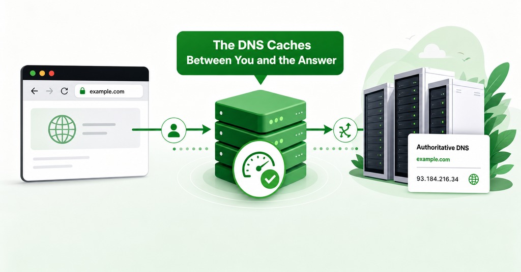 GreenGeeks illustration of the dns caches between you and the answer for what is dns & why record changes take time to update