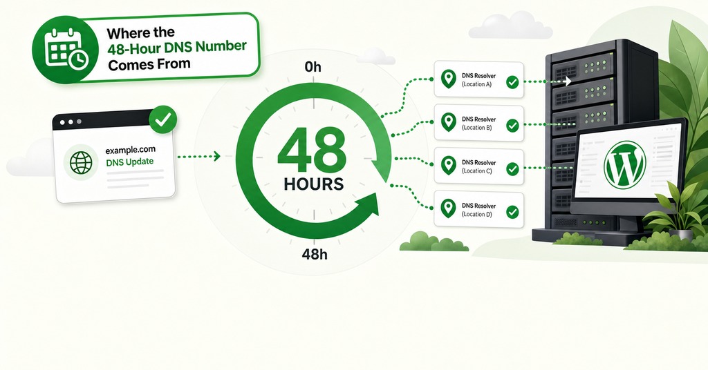 GreenGeeks illustration of where the 48-hour dns number comes from for what is dns & why record changes take time to update