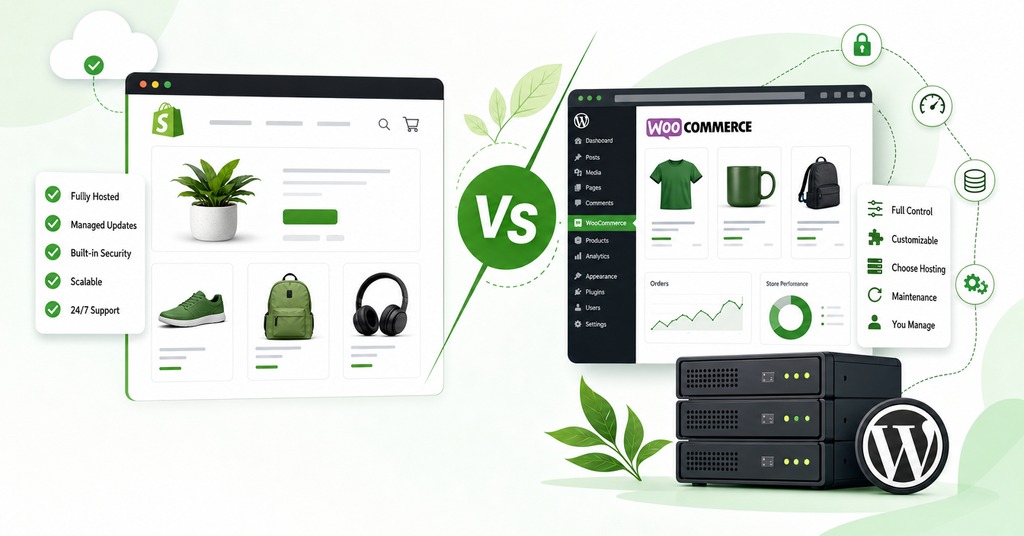 GreenGeeks illustration of shopify compared with self-hosted woocommerce for ecommerce web hosting