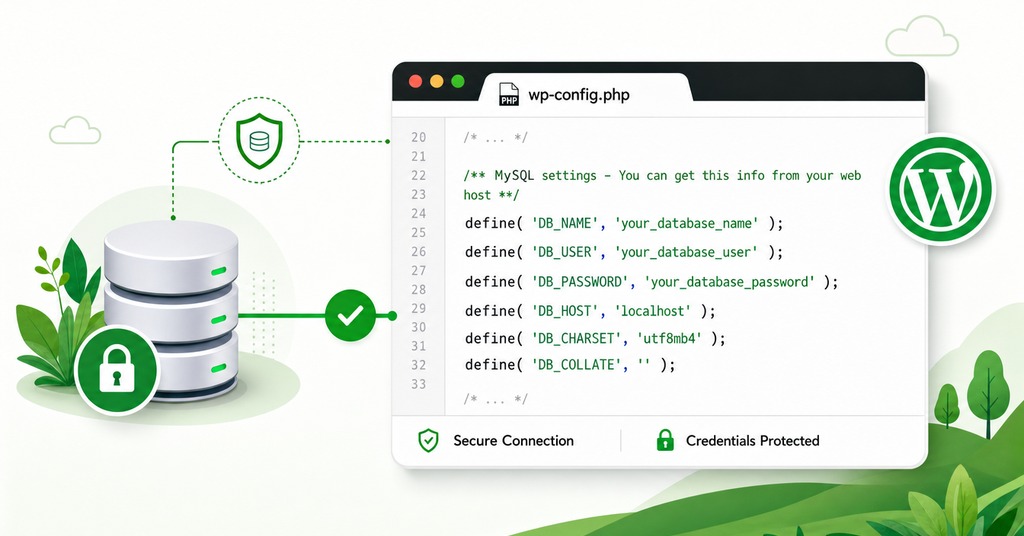 GreenGeeks illustration of database credentials in wp-config.php for error establishing a database connection