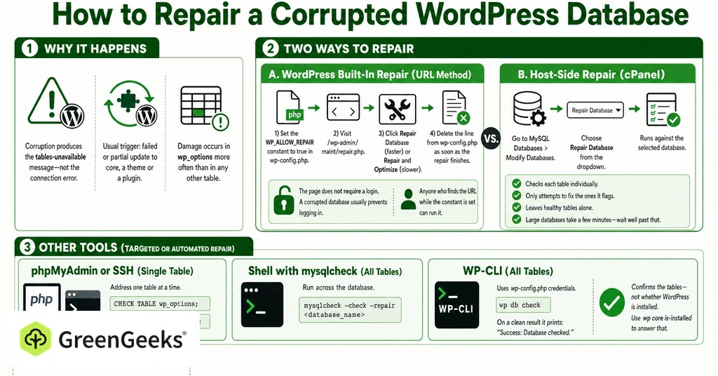 GreenGeeks infographic explaining how to repair a corrupted wordpress database for error establishing a database connection