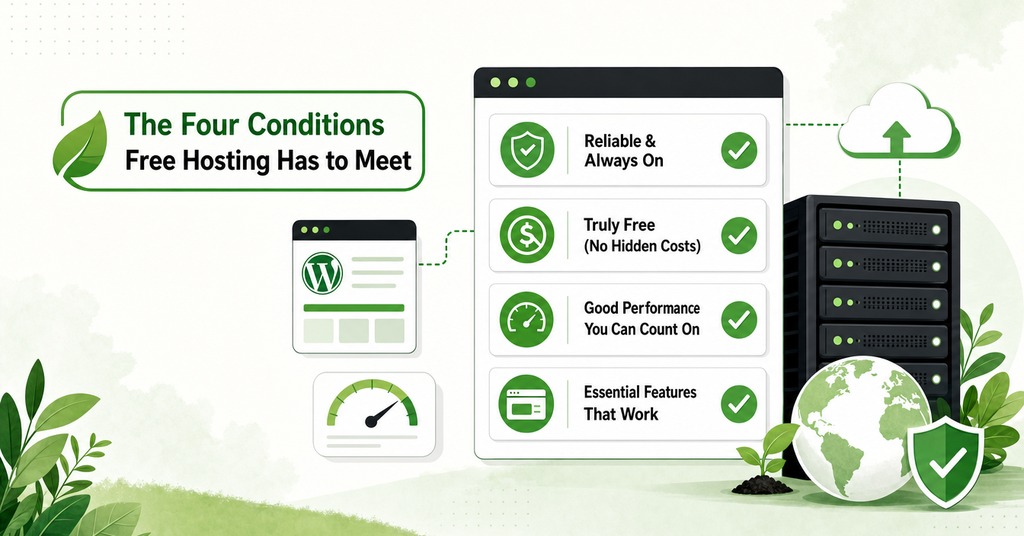 GreenGeeks illustration of the four conditions free hosting has to meet for free website hosting