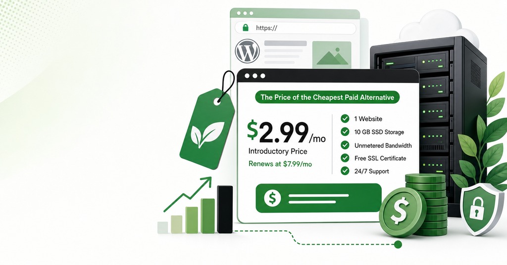 GreenGeeks illustration of the price of the cheapest paid alternative for free website hosting