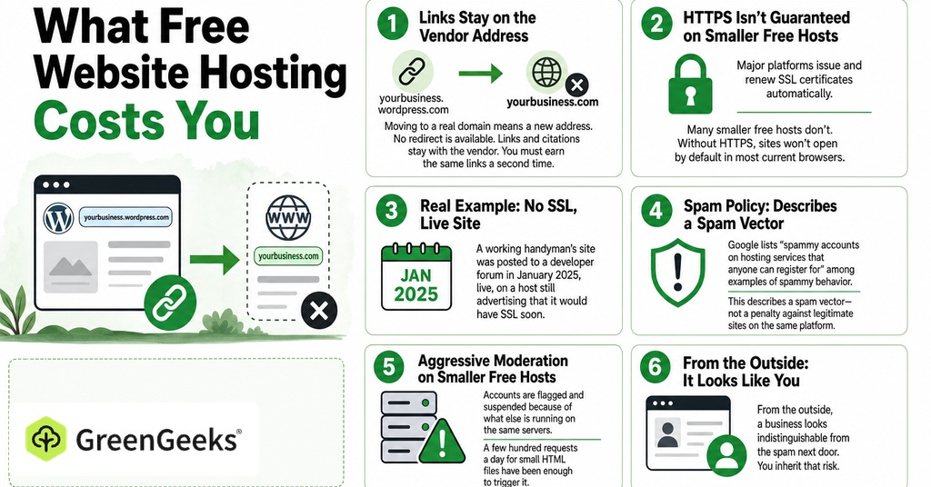 GreenGeeks infographic explaining what free website hosting costs you for free website hosting
