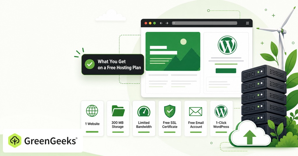 GreenGeeks illustration of what you get on a free hosting plan for free website hosting