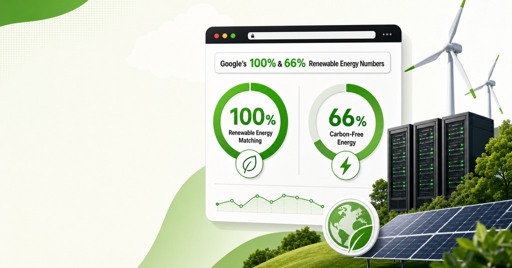 GreenGeeks illustration of google’s 100% & 66% renewable energy numbers for greenwashing in web hosting