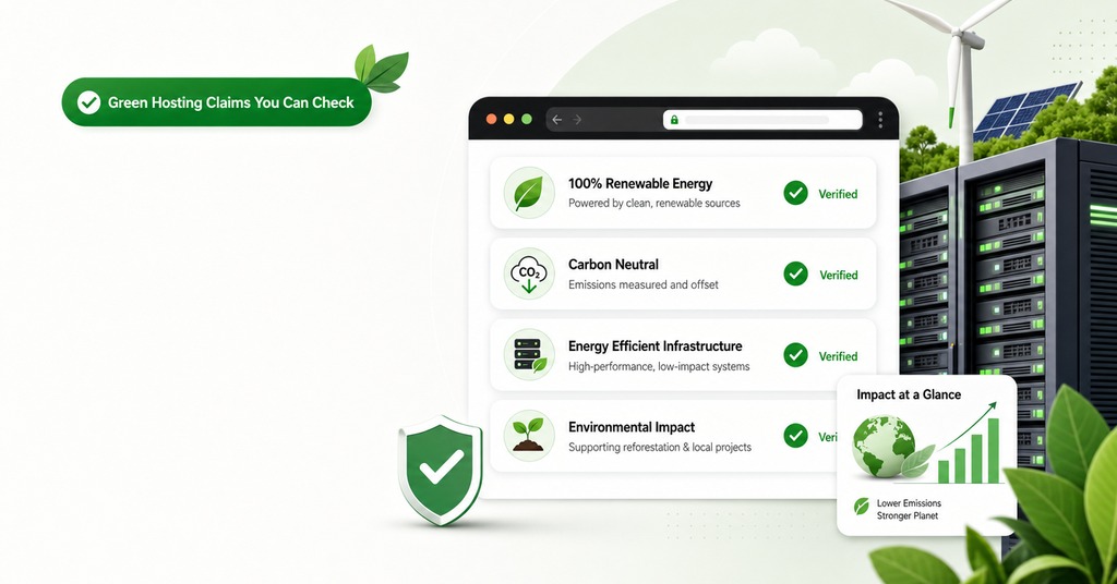 GreenGeeks illustration of green hosting claims you can check for greenwashing in web hosting